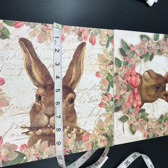 Spring Rabbit Print Box Shelf Sitter Shabby Chic Hare Easter Wreath Pink Bow - Picture 9 of 10